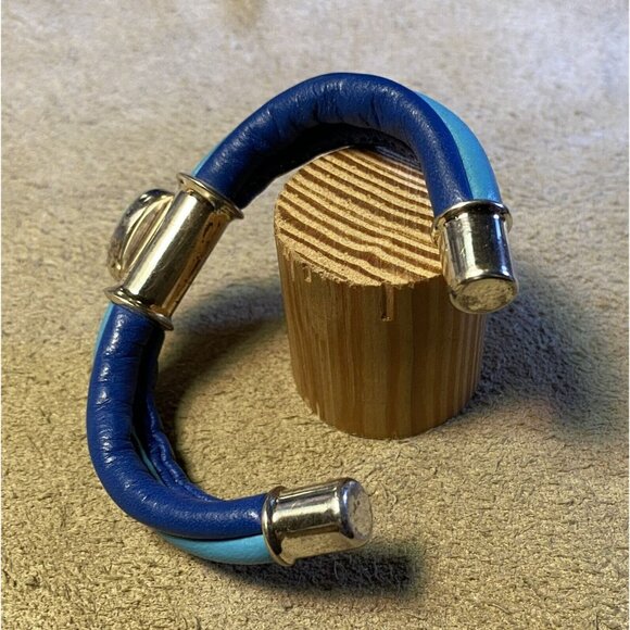 Two-Tone Blue Leather Wrap Bracelet Silverplated Fittings & Turquoise Cabochon S - Picture 4 of 10